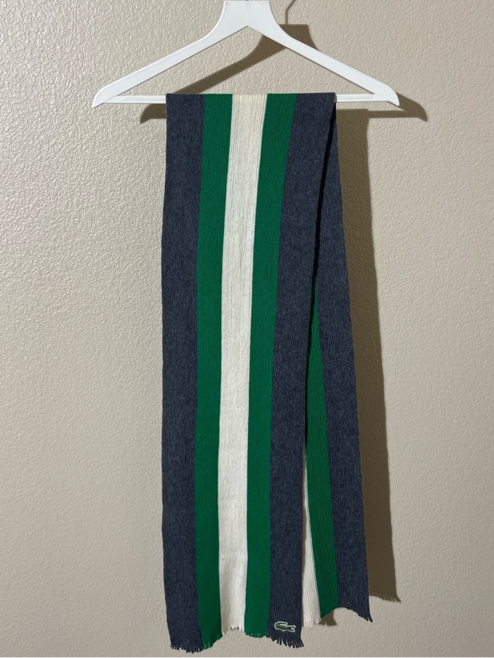 Lacoste Green White and Navy Striped Knit Scarf